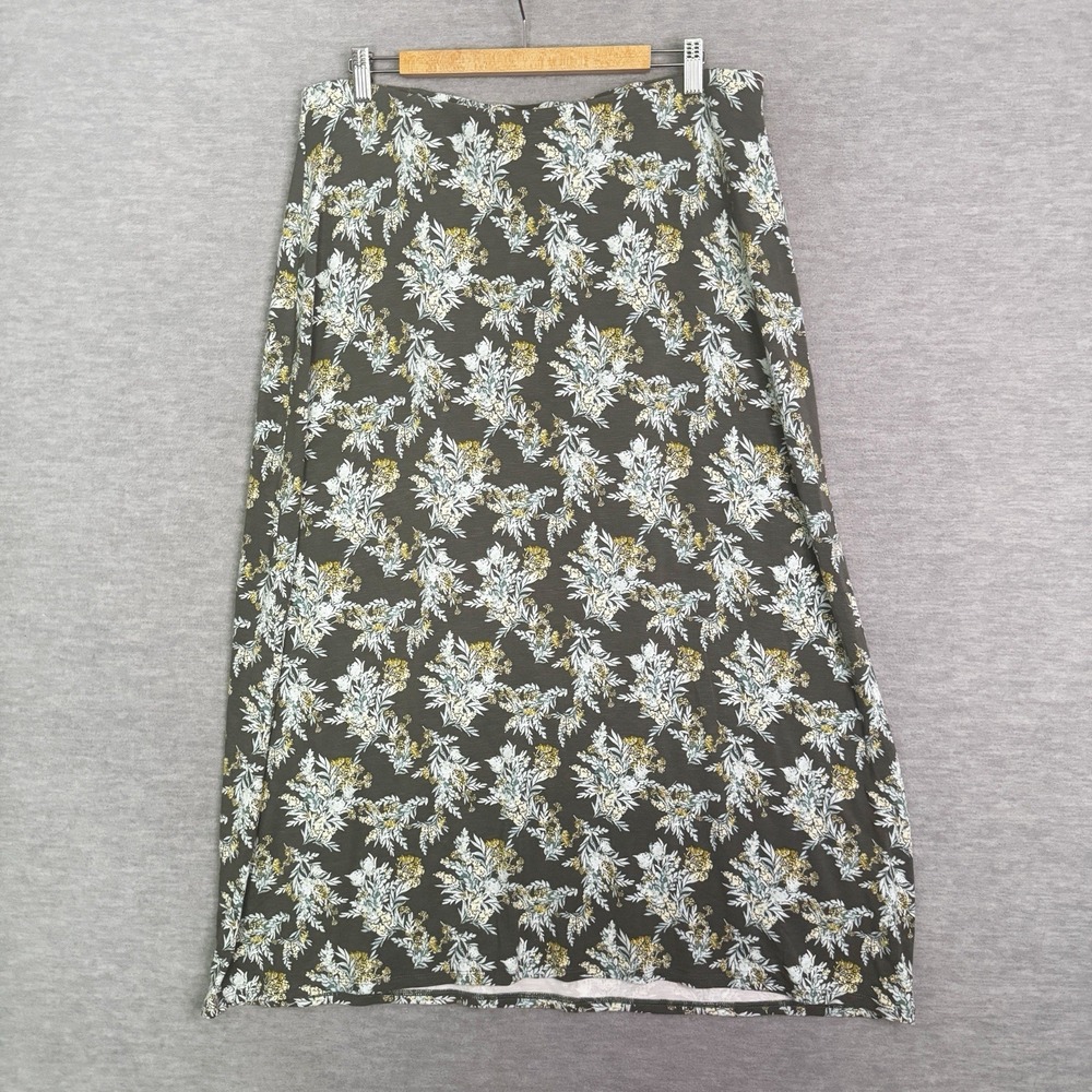 J Jill Green Midi Skirt Size XL Print Floral Stretch Rayon Jersey Modest Olive‎
